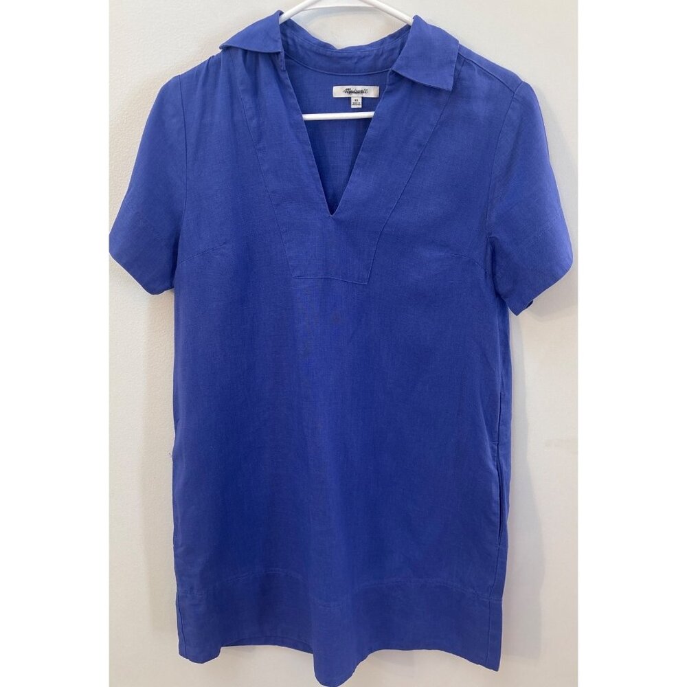 Madewell Womens XS Linen Short-Sleeve Dress Blue Collared Top